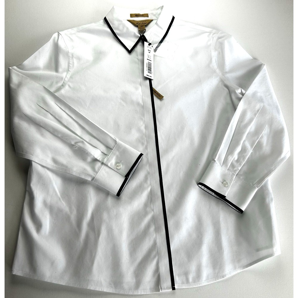 NWT Investments White w/ black trim Non-Iron Brooke long‎ sleeve button up 14P